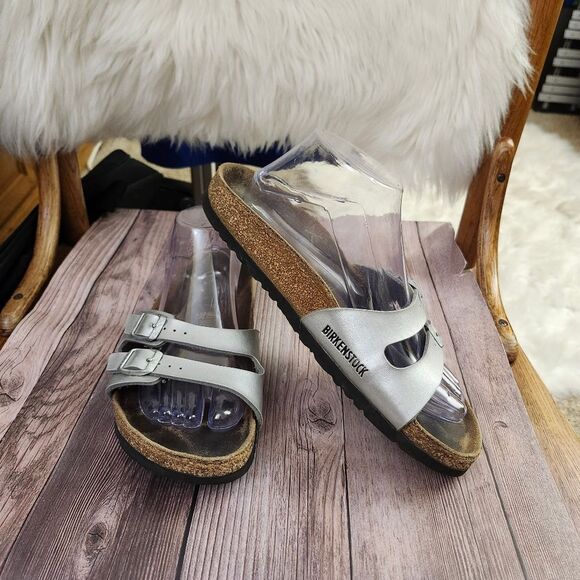 Birkenstock Silver Slide Sandals with‎ Cork Footbed Sz L9 M7 - Picture 3 of 13